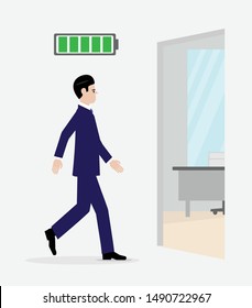 An energized  businessman walking into the office. A metaphor on the man being fully charged and ontop of his game.