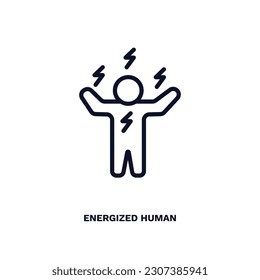 icono humano energizado. Línea delgada energizó el icono humano de la colección de sentimientos y reacciones. Vector de contorno aislado en fondo blanco. El símbolo humano editable energizado puede ser utilizado web y móvil