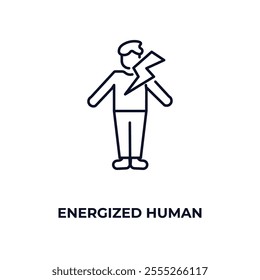 energized human outline icon. Linear vector from feelings concept. Thin line energized human icon isolated on white background