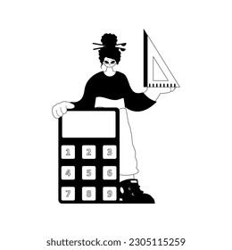 Energized lady with calculator and ruler. Learning point. Dim and white line craftsmanship. Trendy style, Vector Illustration