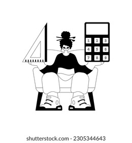 Energized lady with calculator and ruler. Learning point. Dim and white line craftsmanship. Trendy style, Vector Illustration
