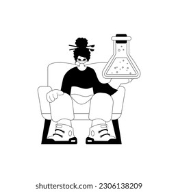 Energized lady with a chemical bump. Learning subject. Dim and white line craftsmanship. Trendy style, Vector Illustration