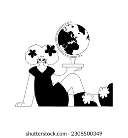 The energized lady with the globe. Learning subject. Forlorn and white line craftsmanship. Trendy style, Vector Illustration
