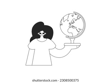 The energized lady with the globe. Learning subject. Sad and white line craftsmanship. Trendy style, Vector Illustration