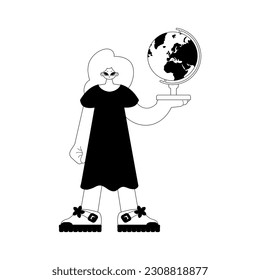 The energized lady with the globe. Learning subject. Miserable and white line craftsmanship. Trendy style, Vector Illustration