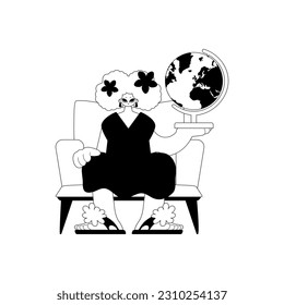 Die belebte Dame mit der Welt. Lernfach. Traurige und weiße Handwerkskunst. Trendy Style, Vektorgrafik