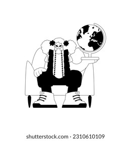 The energized lady with the globe. Learning subject. Sad and white line craftsmanship. Trendy style, Vector Illustration