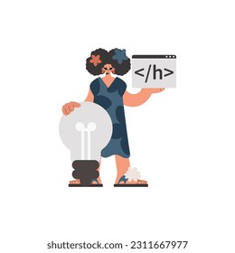 The energized lady is holding a browser window with a programming picture, and to boot standing close a colossal light bulb. Pulled back on white foundation. Trendy style, Vector Illustration