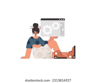 The energized lady is holding a browser window with gears. SEO and web analyzing subject. Restricted. Trendy style, Vector Illustration