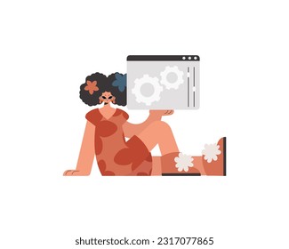 The energized lady is holding a browser window with gears. SEO and web investigating subject. Restricted. Trendy style, Vector Illustration