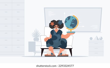 Energized lady holding a colossal globe, learning subject. Trendy style, Vector Illustration