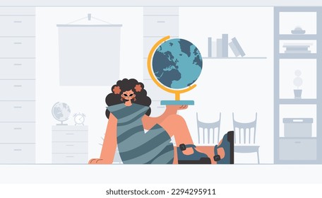 Energized lady holding a colossal globe, learning subject. Trendy style, Vector Illustration