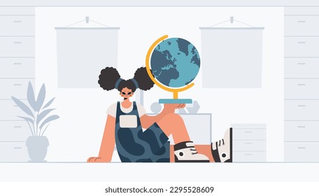 Energized lady holding a colossal globe, learning subject. Trendy style, Vector Illustration