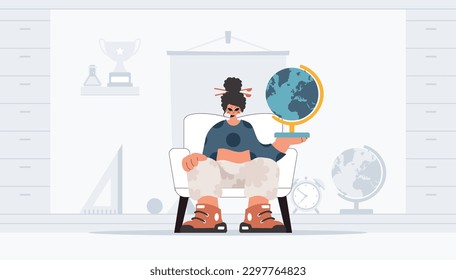 Energized lady holding a colossal globe, learning subject. Trendy style, Vector Illustration
