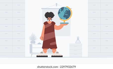 Energized lady holding a colossal globe, learning subject. Trendy style, Vector Illustration