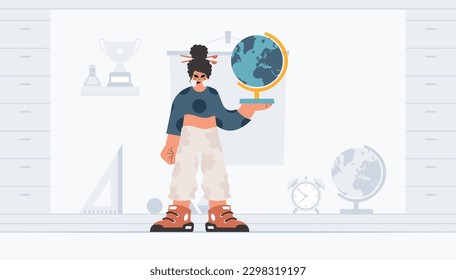Energized lady holding a colossal globe, learning subject. Trendy style, Vector Illustration