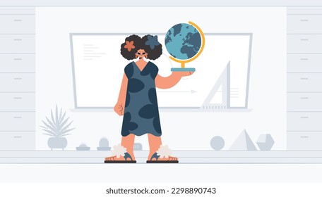 Energized lady holding a colossal globe, learning subject. Trendy style, Vector Illustration