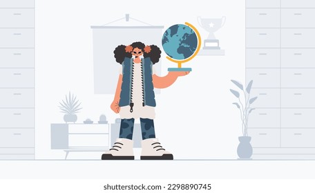 Energized lady holding a colossal globe, learning subject. Trendy style, Vector Illustration