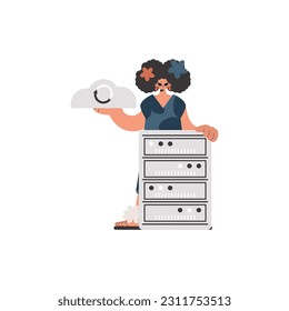 The energized lady is holding a information cloud and a server. Limited. Trendy style, Vector Illustration