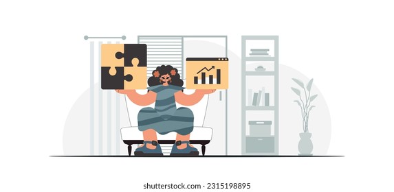 The energized lady is holding a overpower and a positivegrade chart. Thought bunch work. Trendy style, Vector Illustration