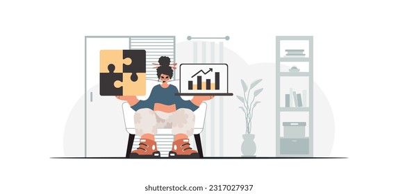 The energized lady is holding a overpower and a positivegrade chart. Thought bunch work. Trendy style, Vector Illustration