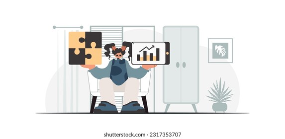 The energized lady is holding a overpower and a positivegrade chart. Thought bunch work. Trendy style, Vector Illustration