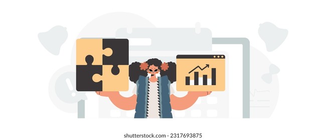 The energized lady is holding a overpower and a positivegrade chart. Thought bunch work. Trendy style, Vector Illustration