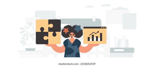 The energized lady is holding a overpower and a positivegrade chart. Thought bunch work. Trendy style, Vector Illustration