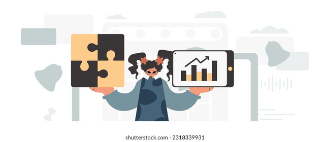 The energized lady is holding a overpower and a positivegrade chart. Thought bunch work. Trendy style, Vector Illustration