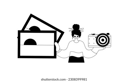 The energized lady is holding photographs and a camera. Tourism subject. Dim and white line craftsmanship. Trendy style, Vector Illustration