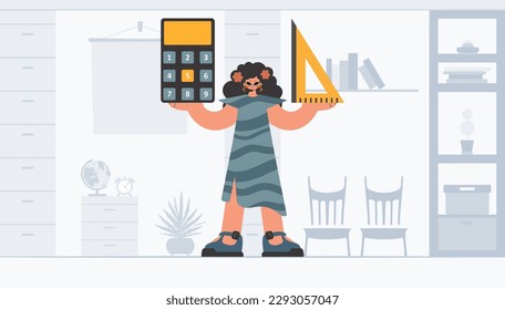 Energized lady holding a ruler and calculator, learning subject. Trendy style, Vector Illustration