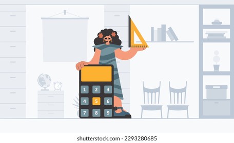 Energized lady holding a ruler and calculator, learning subject. Trendy style, Vector Illustration