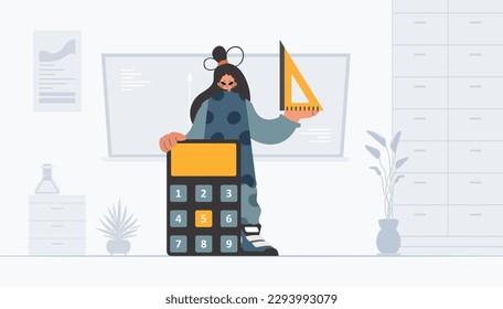 Energized lady holding a ruler and calculator, learning subject. Trendy style, Vector Illustration