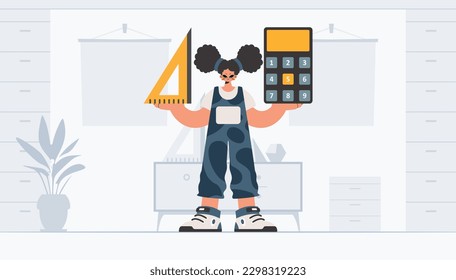 Energized lady holding a ruler and calculator, learning subject. Trendy style, Vector Illustration