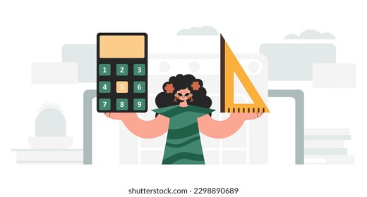 Energized lady holding a ruler and calculator, learning subject. Trendy style, Vector Illustration