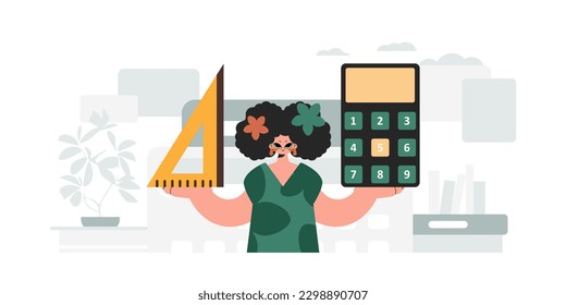 Energized lady holding a ruler and calculator, learning subject. Trendy style, Vector Illustration