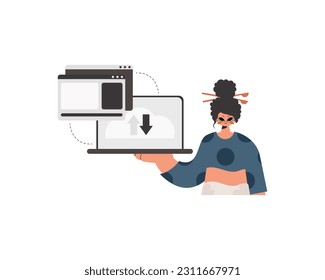 The energized lady is holding a tablet in which information is being synchronized. Separated. Trendy style, Vector Illustration