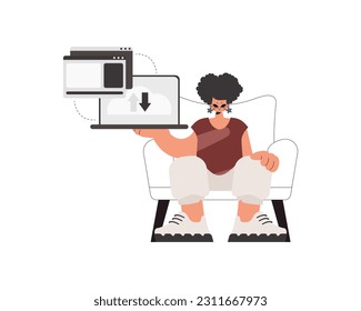 The energized lady is holding a tablet in which information is being synchronized. Kept. Trendy style, Vector Illustration