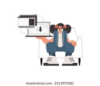 The energized lady is holding a tablet in which information is being synchronized. Kept. Trendy style, Vector Illustration