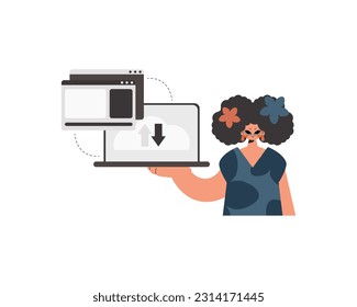 The energized lady is holding a tablet in which information is being synchronized. Disconnected. Trendy style, Vector Illustration