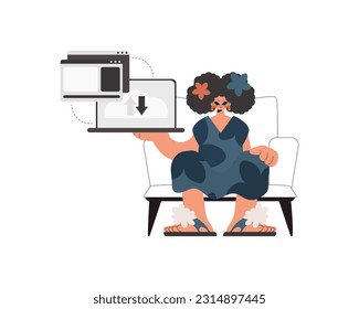 The energized lady is holding a tablet in which information is being synchronized. Kept. Trendy style, Vector Illustration
