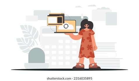 The energized lady is holding a tablet, which is synchronized with the information capacity. Trendy style, Vector Illustration