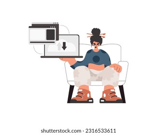 The energized lady is holding a tablet in which information is being synchronized. Kept. Trendy style, Vector Illustration