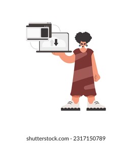 The energized lady is holding a tablet in which information is being synchronized. Kept. Trendy style, Vector Illustration