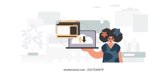 The energized lady is holding a tablet, which is synchronized with the information capacity. Trendy style, Vector Illustration