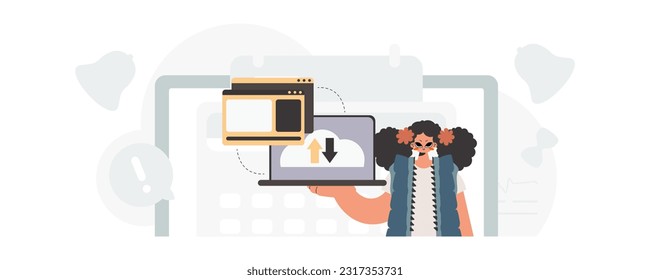 The energized lady is holding a tablet, which is synchronized with the information capacity. Trendy style, Vector Illustration