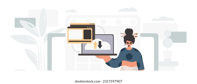 The energized lady is holding a tablet, which is synchronized with the information capacity. Trendy style, Vector Illustration