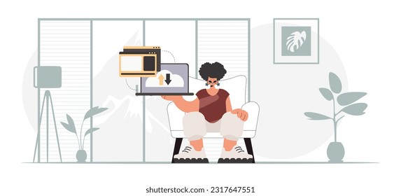 The energized lady is holding a tablet, which is synchronized with the information capacity. Trendy style, Vector Illustration