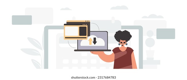 The energized lady is holding a tablet, which is synchronized with the information capacity. Trendy style, Vector Illustration