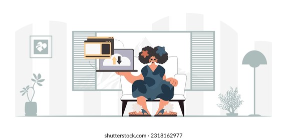 The energized lady is holding a tablet, which is synchronized with the information capacity. Trendy style, Vector Illustration